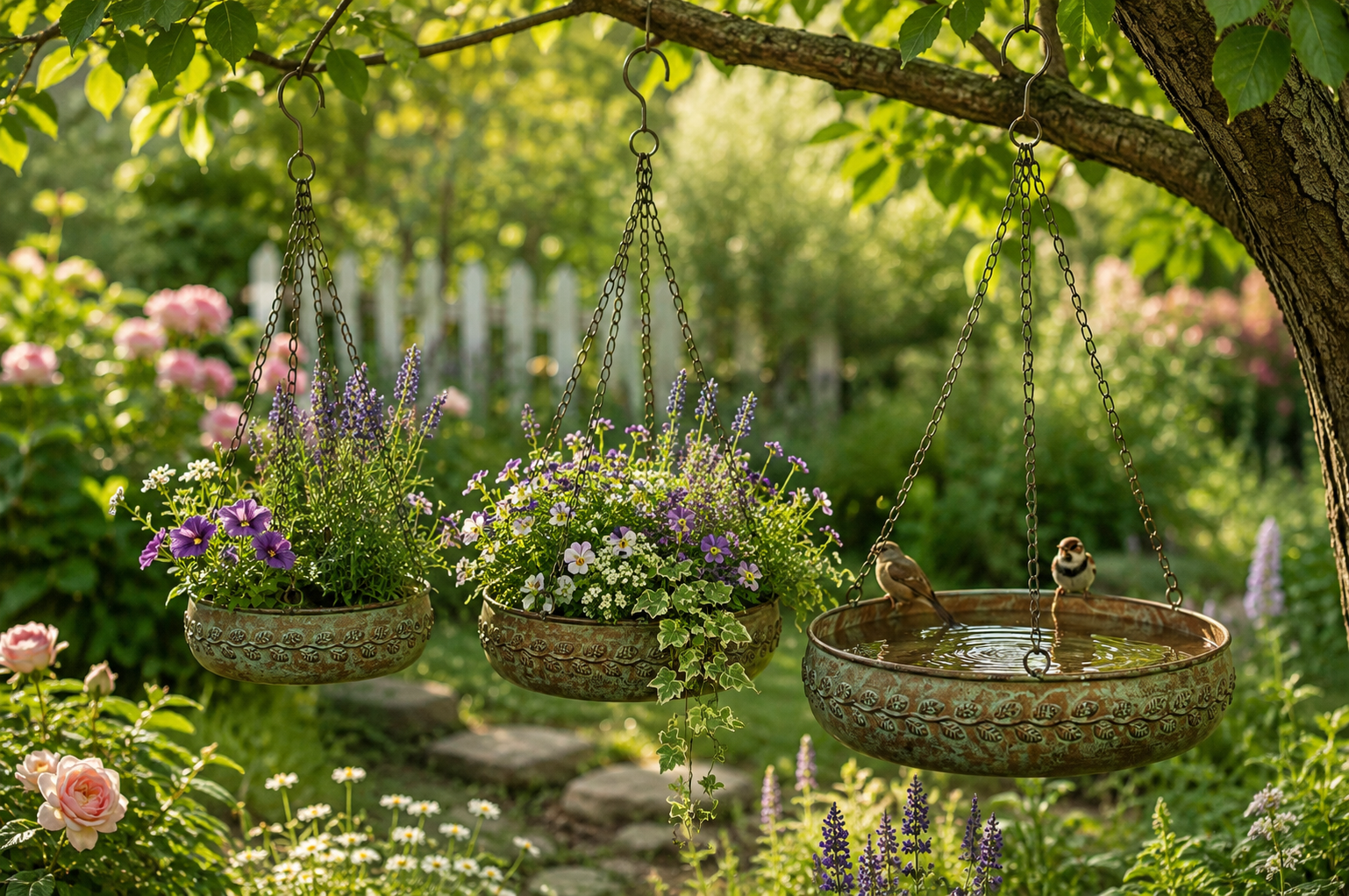 Vogelbad Dekorative Metallschalen mit Kette Grün 3er Set Pflanzschalen & Hängeschalen aus Eisen Vintage-Gartendekoration, Ø 19/ 23 / 27 cm