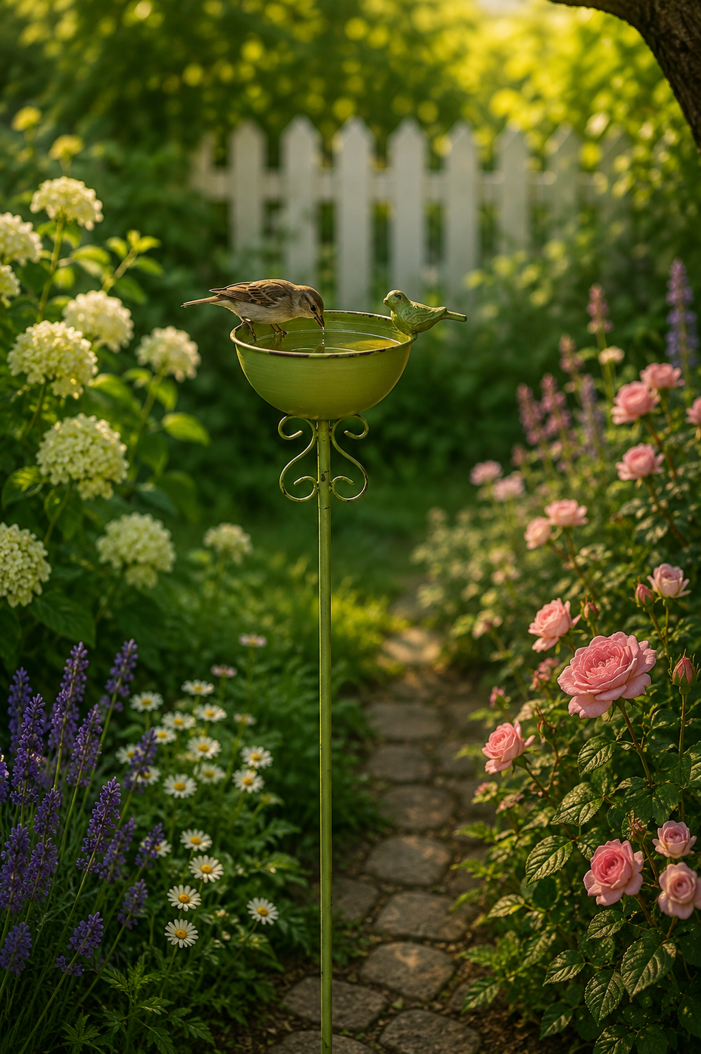 Vogeltränke auf Stab aus Eisen Grün gewischt 109cm Höhe Vogelbad mit Dekoschale 19x14 cm Gartendekoration für Wildvögel