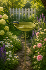 Lade das Bild in den Galerie-Viewer, Vogeltränke auf Stab aus Eisen Grün gewischt 100cm Höhe Vogelbad mit Dekoschale 24x22cm Gartendekoration für Wildvögel

