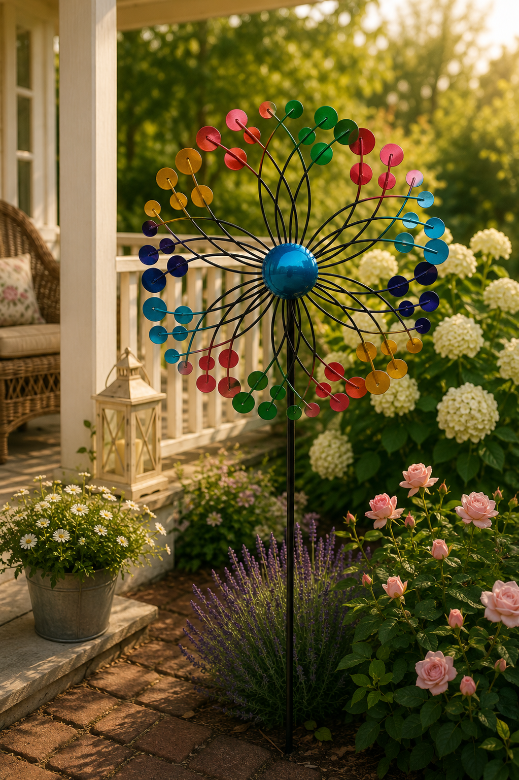 Windrad Gartenstecker Metall Ø 30cm H116cm bunt Windspiel Wetterfeste Garten‑Deko Outdoor Windmühle