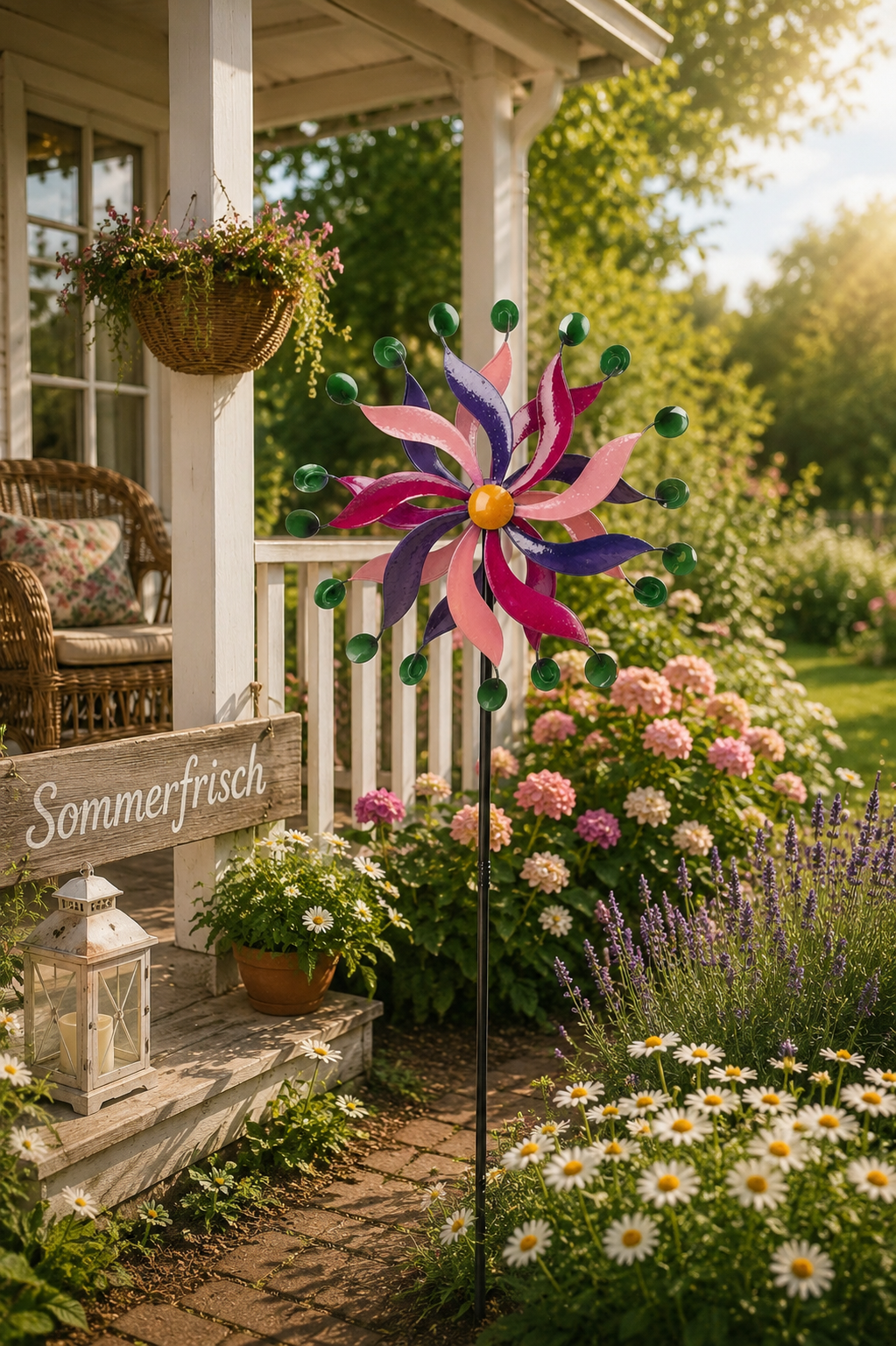 Windrad Gartenstecker Metall Ø 46cm H178cm bunt Windspiel Wetterfeste Garten‑Deko Outdoor Windmühle