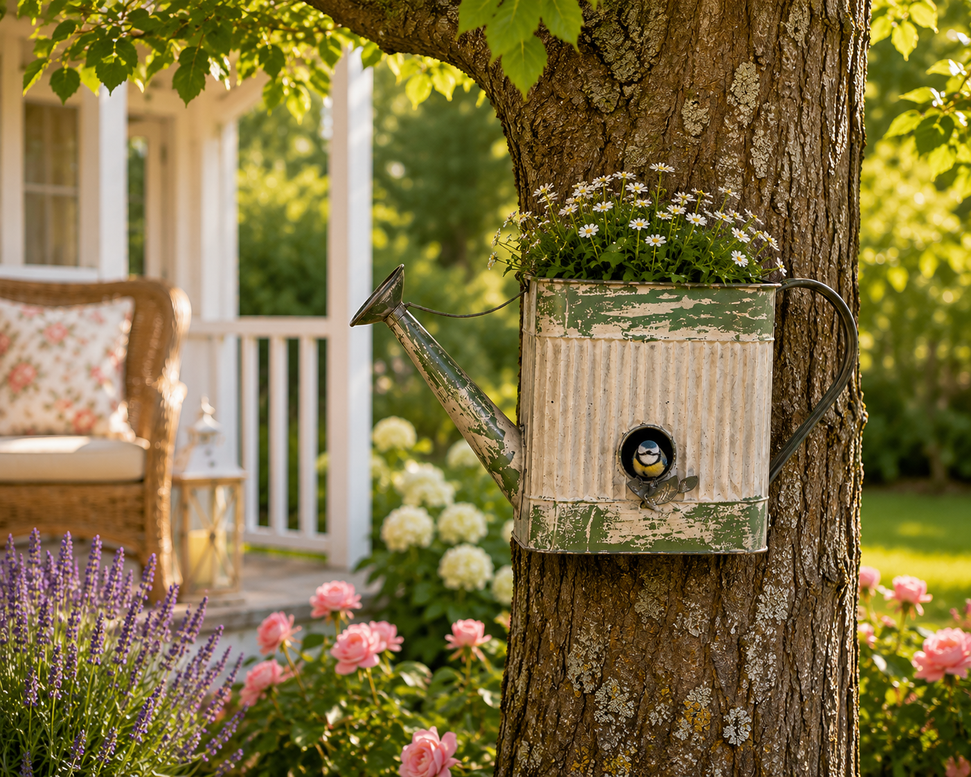 Nistkasten Vogelhaus im Kannen-Design Grün – Dekoratives Vogelhäuschen zum Hängen 54x18cm H30 cm Gartendekoration für Garten, Balkon und Terrasse