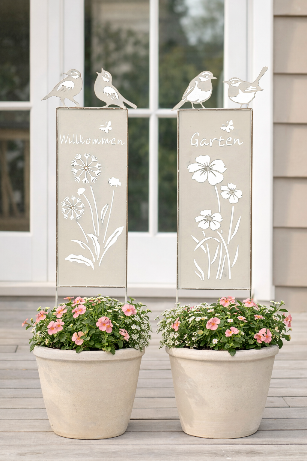 Metall Stele 2er Set weiss Spruch Vogel "Garten/Willkommen" Beetstecker B12cm H31cm
