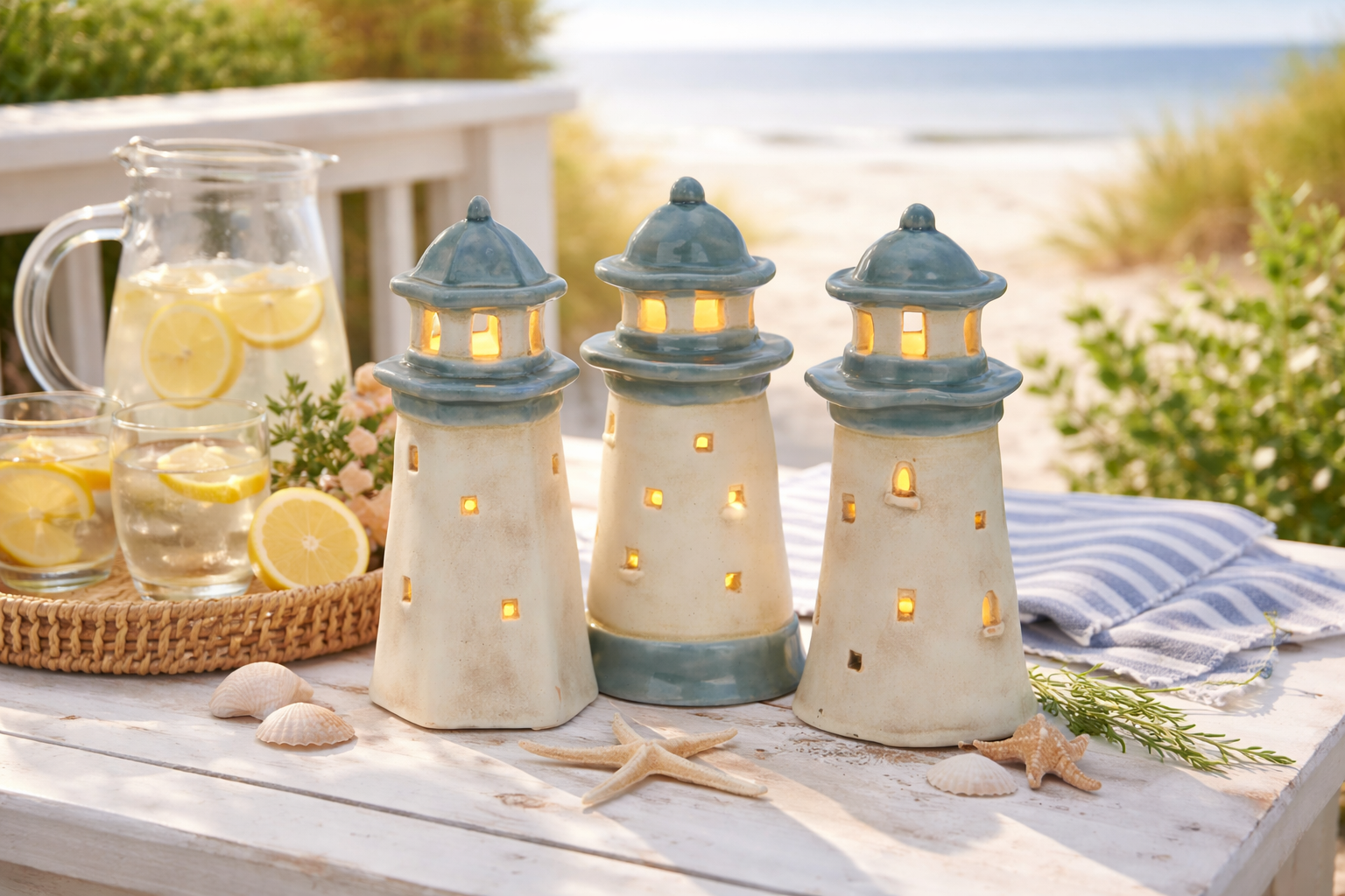 LED Leuchtturm aus Steinzeug 3 Modelle 7 x 7cm H16cm Blau/Creme Dekorativer Leuchtturm mit warmem LED-Licht Maritime Tisch- & Sommerdekoration