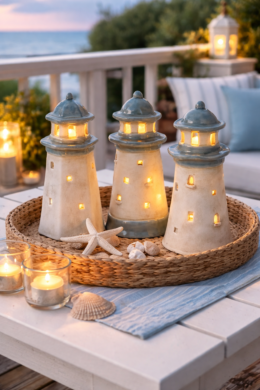 LED Leuchtturm aus Steinzeug 3 Modelle 7 x 7cm H16cm Blau/Creme Dekorativer Leuchtturm mit warmem LED-Licht Maritime Tisch- & Sommerdekoration