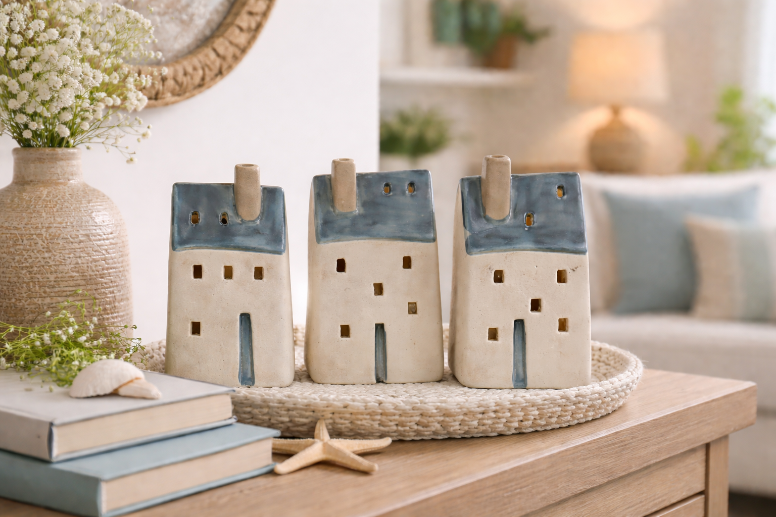 Haus Dekoratives Keramikhaus aus Steinzeug 3 Modelle 7 x 5cm H11cm Blau/Creme Maritimes Dekohaus mit Fensteröffnungen – Tisch- & Wohnraumdekoration
