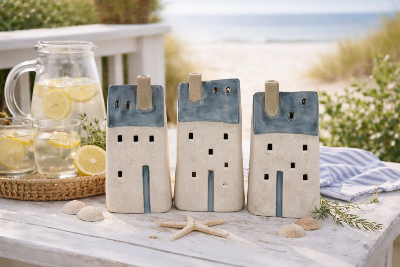 Haus Dekoratives Keramikhaus aus Steinzeug 3 Modelle 7 x 5cm H11cm Blau/Creme Maritimes Dekohaus mit Fensteröffnungen – Tisch- & Wohnraumdekoration