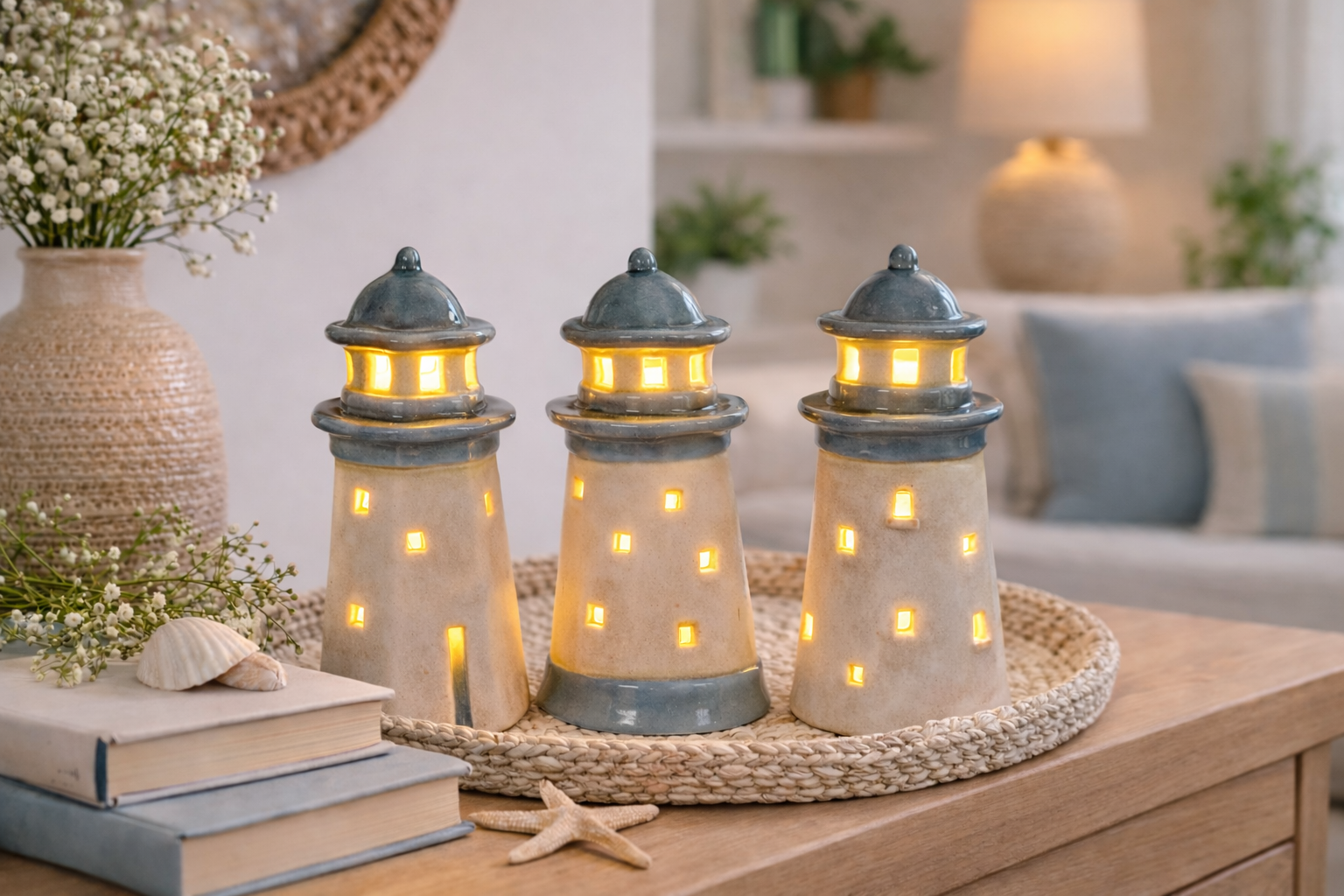 LED Leuchtturm aus Steinzeug 3 Modelle 7 x 7cm H16cm Blau/Creme Dekorativer Leuchtturm mit warmem LED-Licht Maritime Tisch- & Sommerdekoration