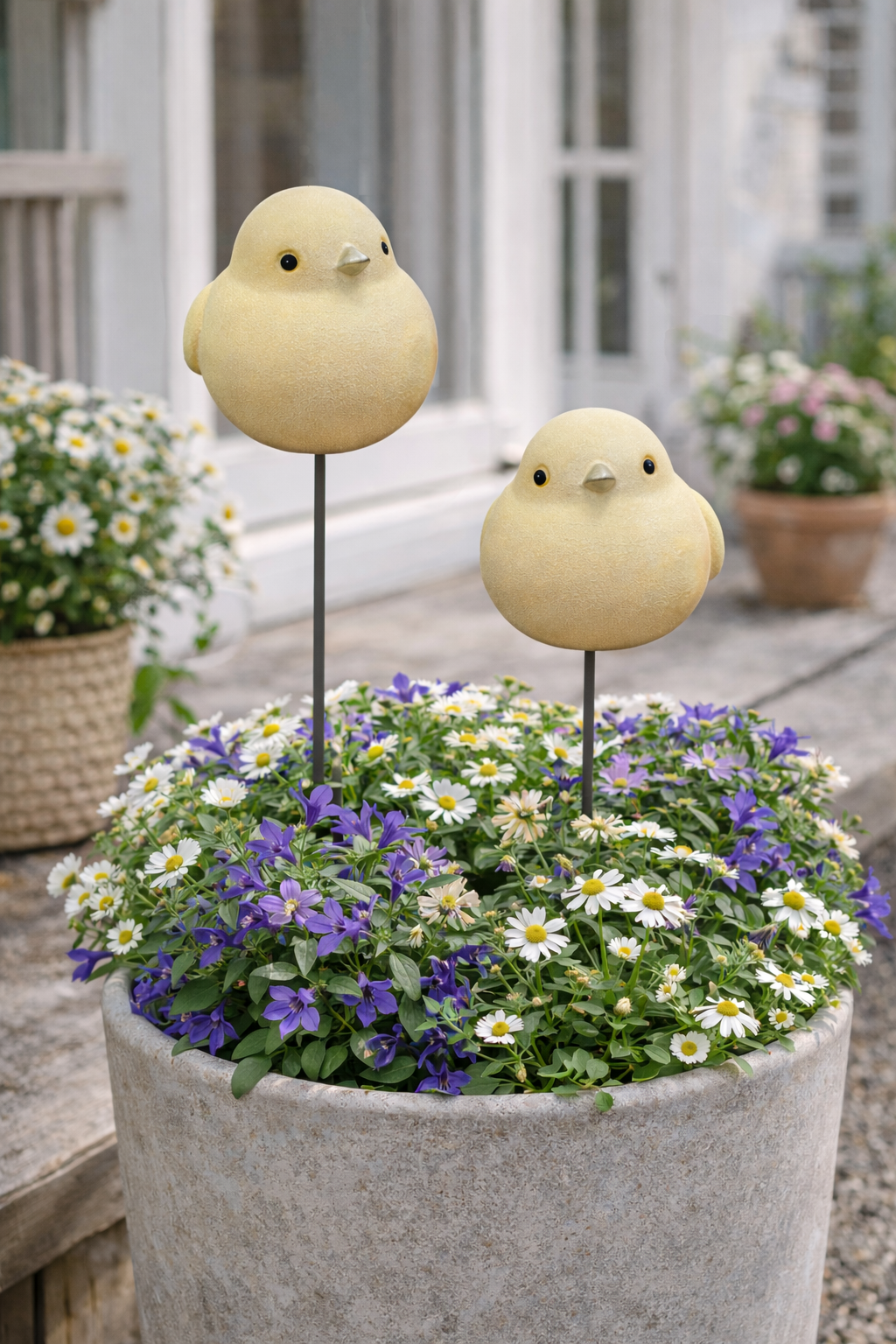 Gartenstecker Vogel am Pick Keramik hellgelb 2er Set Ø10cm H9,5cm + Stab 73 cm Dekorativer Gartenstab mit Vogelmotiv