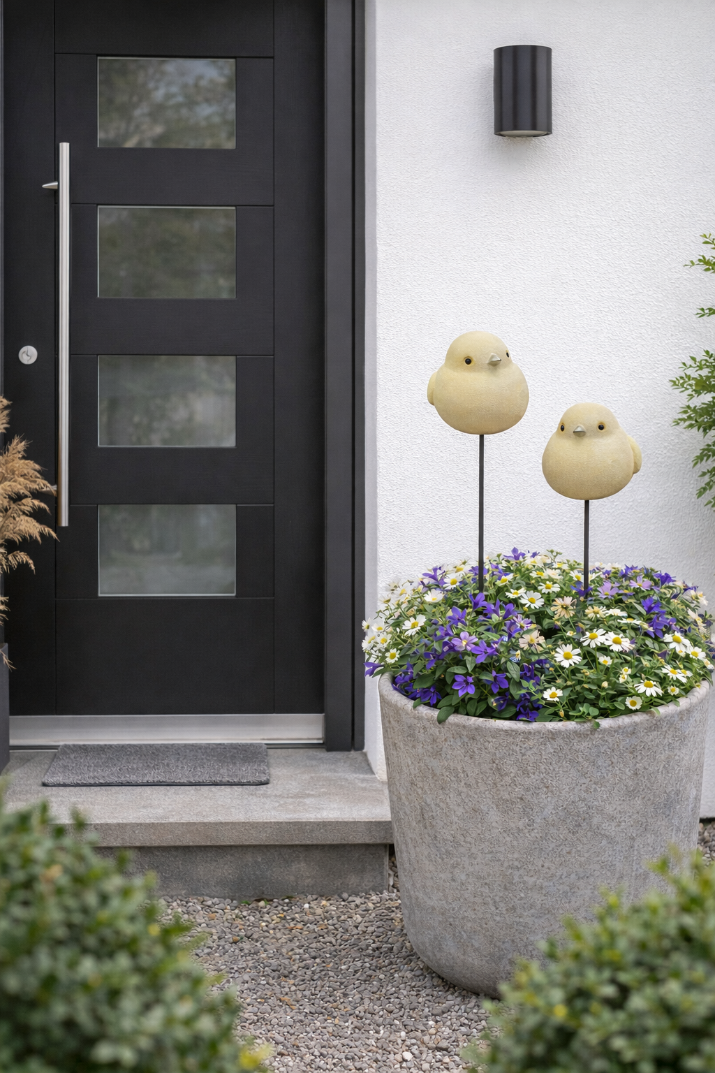 Gartenstecker Vogel am Pick Keramik hellgelb 2er Set Ø10cm H9,5cm + Stab 73 cm Dekorativer Gartenstab mit Vogelmotiv