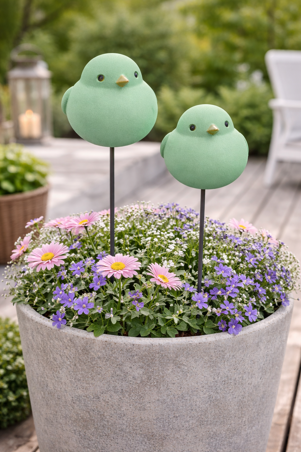 Gartenstecker Vogel am Pick Keramik mint 2er Set Ø10cm H9,5cm + Stab 73cm Dekorativer Gartenstab mit Vogelmotiv