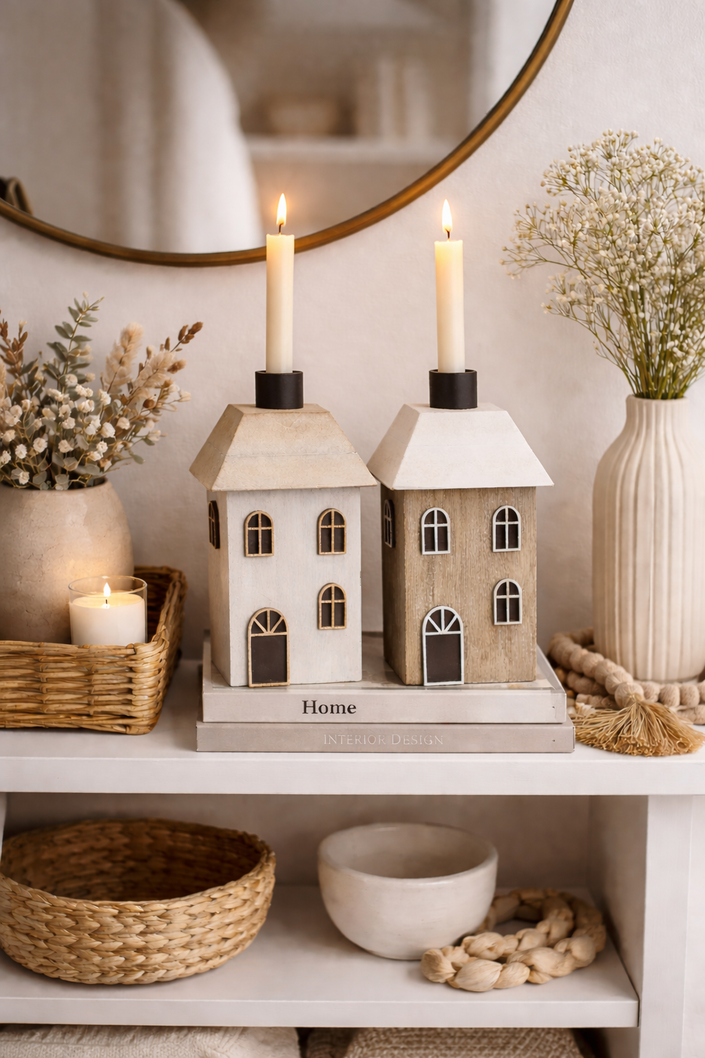 Kerzenhaus Haus zum stellen 2fach sort. Deko-Haus H15cm + H19cm Deko Figuren Holzhaus natur/grau/weiß Dekohaus 2Größen wählbar