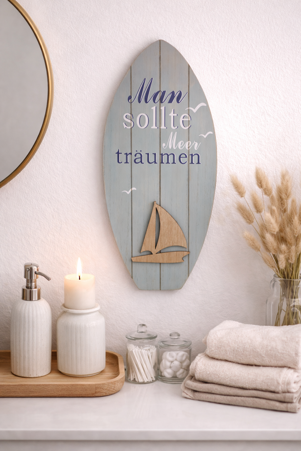 Surfbrett Board Aqua blau creme Holz Maritim Meer Segelboot Hänger 16x H35cm