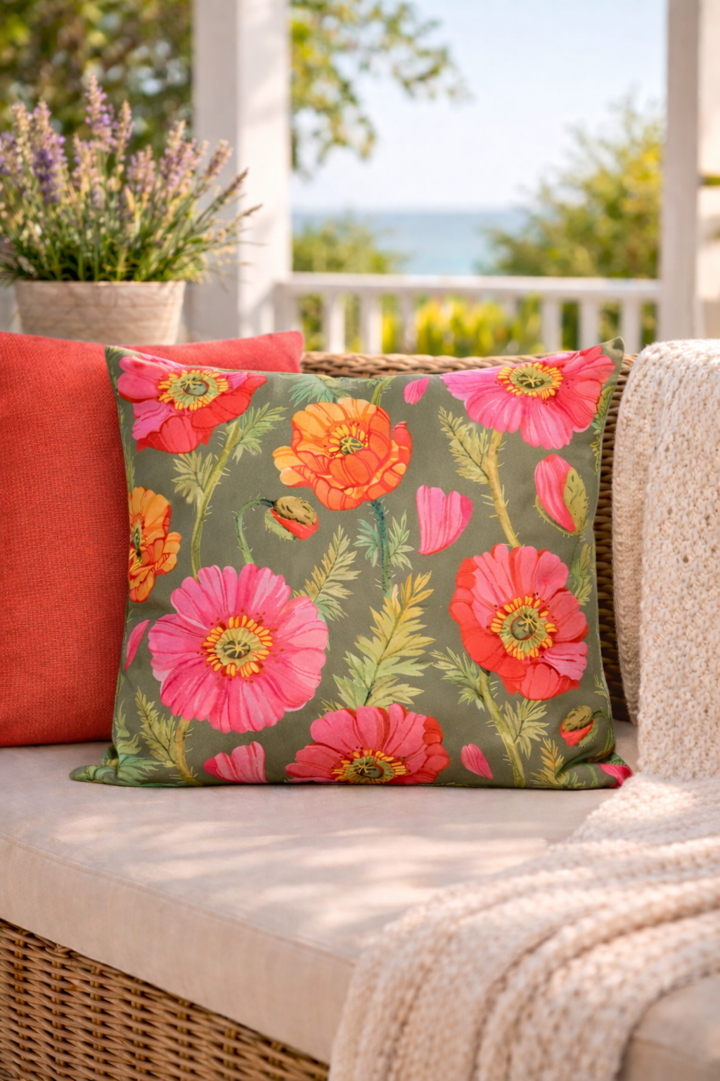 Outdoor Kissen 60x60cm Mohnblume Gartenkissen mit Reißverschluss, wasser- und schmutzabweisend, Bezug abnehmbar, dekoratives Zierkissen für Garten, Balkon & Terrasse, grün/bunt