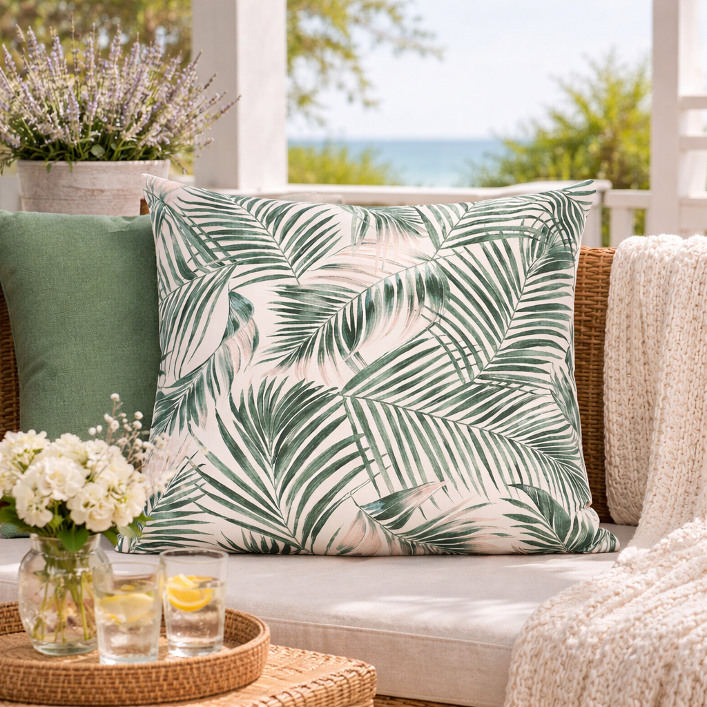 Outdoor Kissen 60x60cm Palmblatt Gartenkissen mit Reißverschluss, wasser- und schmutzabweisend, Bezug abnehmbar, dekoratives Zierkissen für Garten, Balkon & Terrasse, grün/weiß