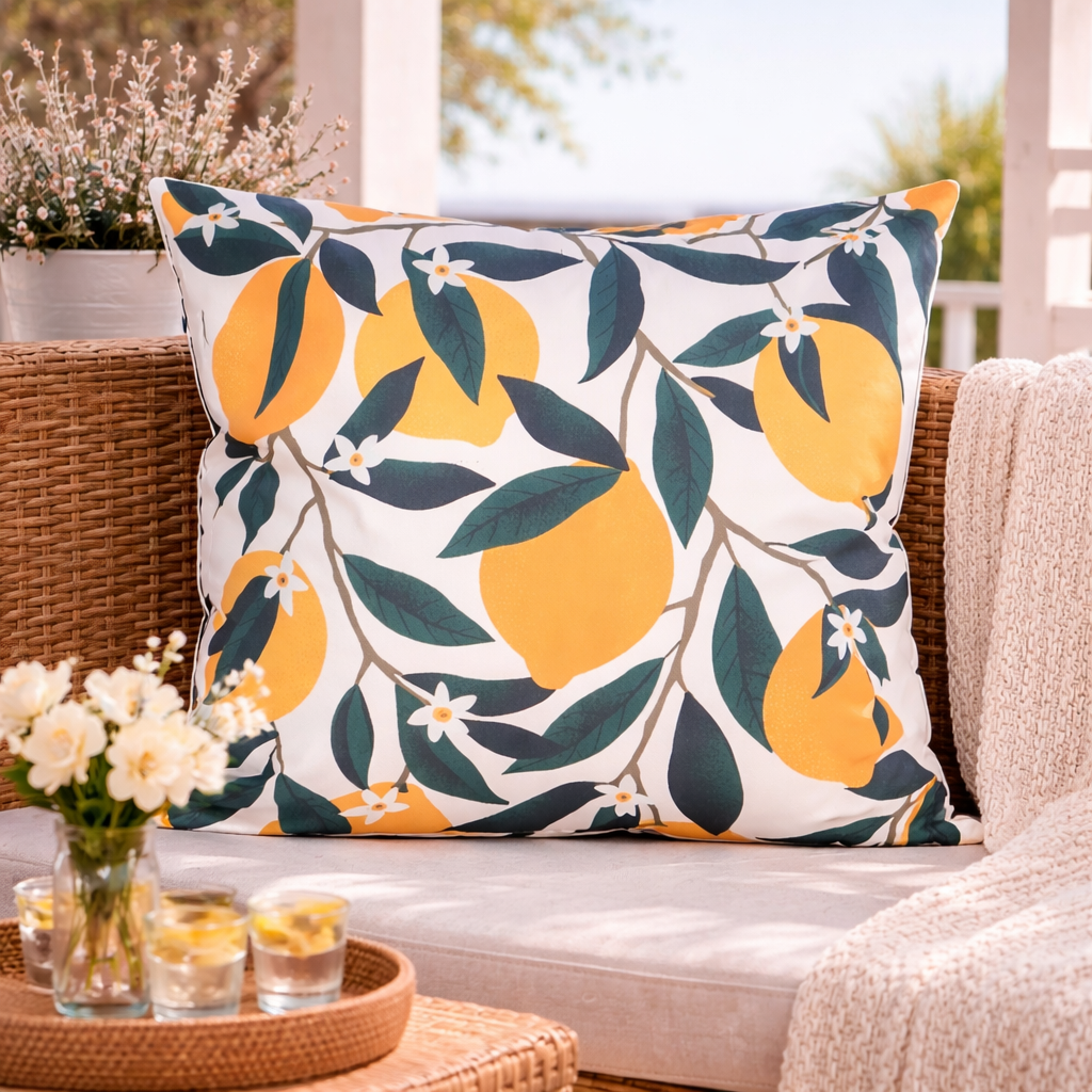 Outdoor Kissen 60x60cm Zitronen Gartenkissen mit Reißverschluss, wasser- und schmutzabweisend, Bezug abnehmbar, dekoratives Zierkissen für Garten, Balkon & Terrasse, grün/weiß/gelb