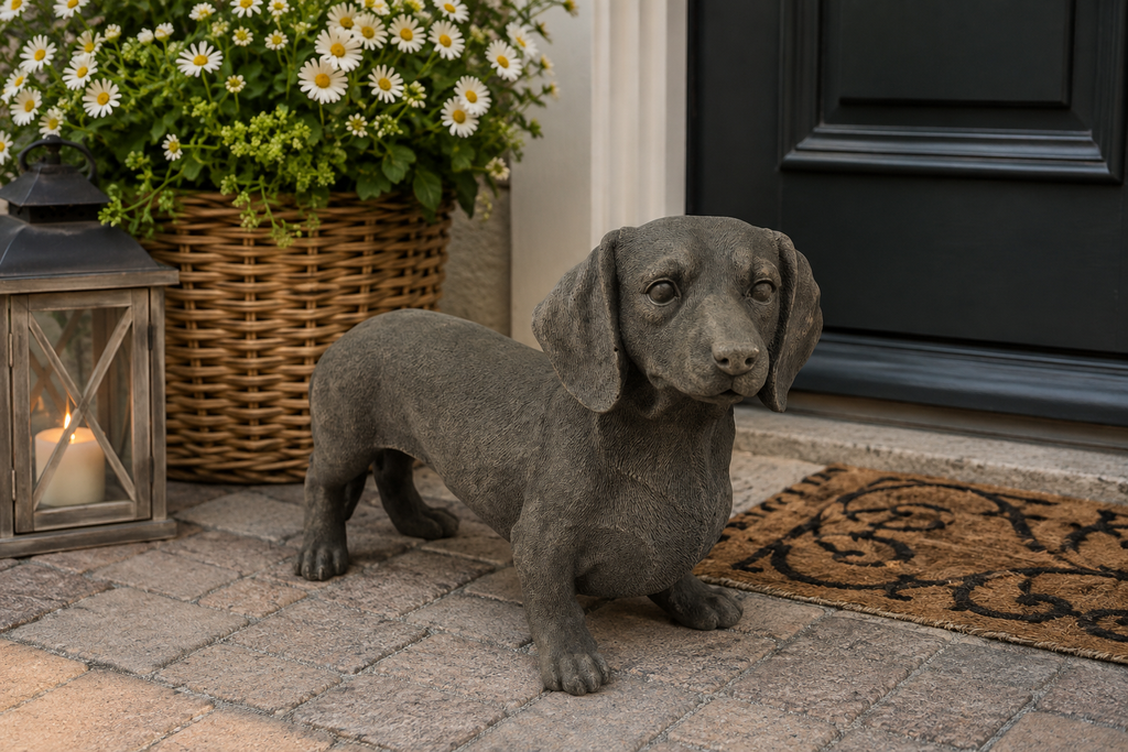 Dackel Figur Braun 50 x 18 x 31 cm – Dekorativer Hund als Gartenfigur, Tierfigur für Garten, Terrasse, Balkon und Wohnbereich