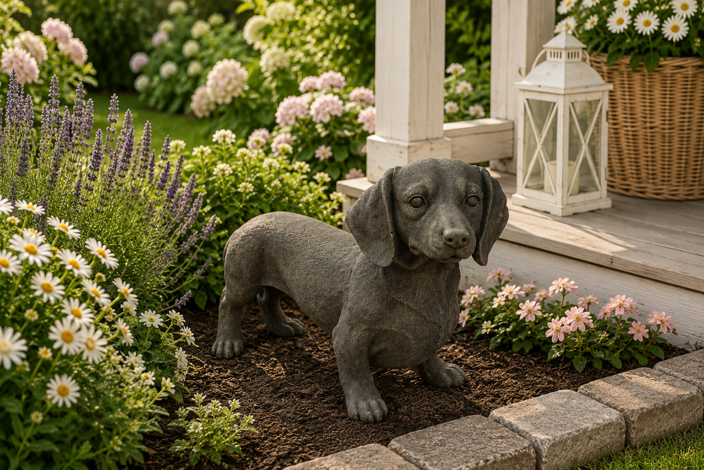Dackel Figur Braun 50 x 18 x 31 cm – Dekorativer Hund als Gartenfigur, Tierfigur für Garten, Terrasse, Balkon und Wohnbereich