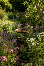 Gartenstecker Herz Vogel Futterplatz Braun – Vogeltränke & Futterstelle aus Metall – 24,5 x 19,5 x 109 cm – Dekorativer Gartenstecker für Vögel