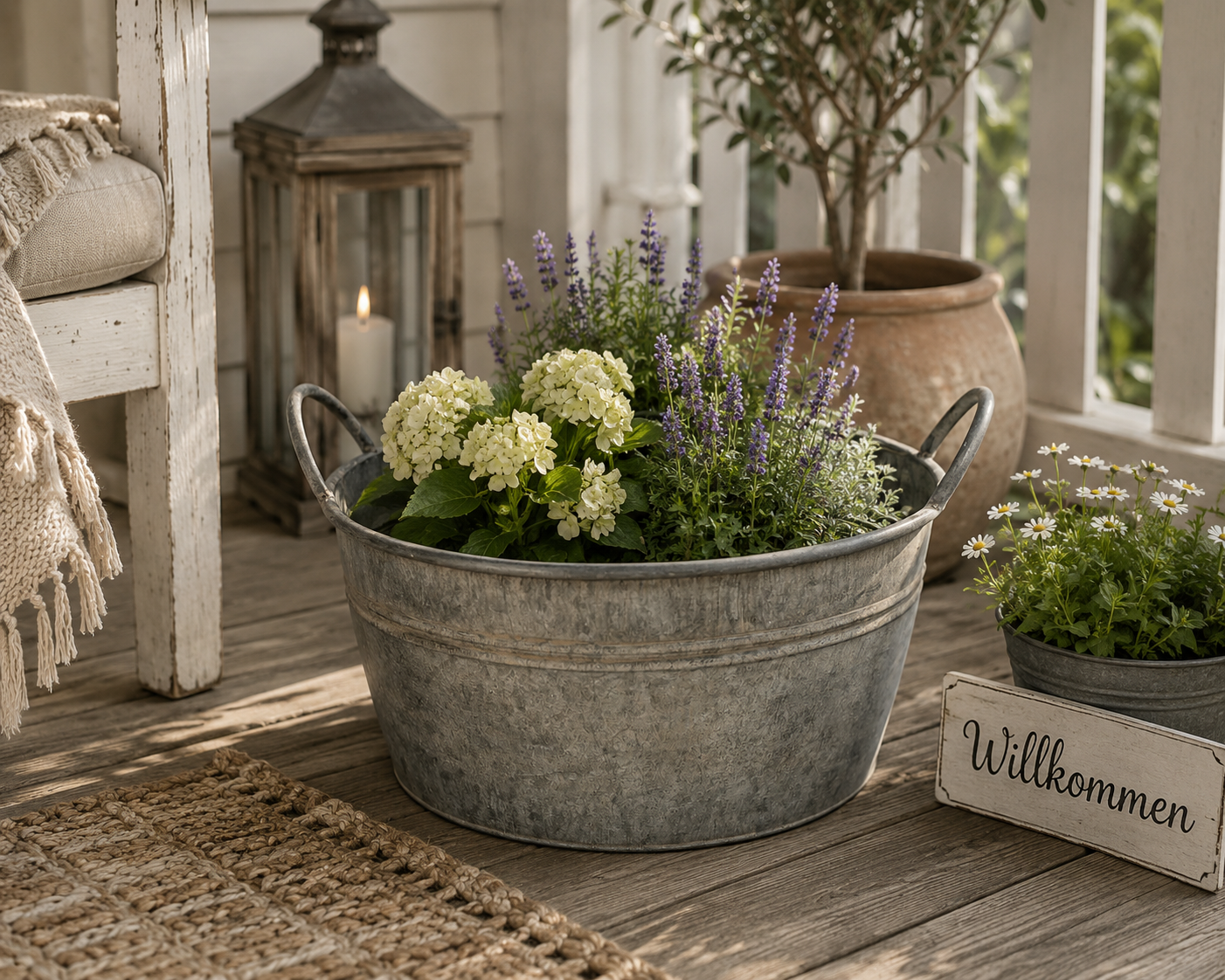 Zinkwanne Lena Pflanzschale mit Henkel – 36,5 x 36,5 x 17 cm – Dekoschale aus Zink für Garten, Balkon & Terrasse