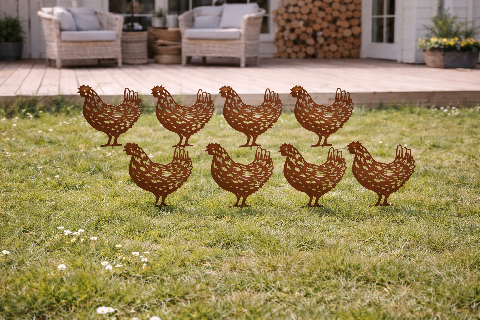 Metall-Huhn Rostoptik (8Stck.) – B 12,5 cm x H 12 cm – Stab 30 cm – Gartendeko & Osterdeko – Dekorativer Gartenstecker