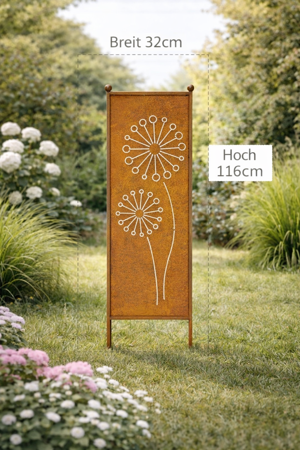Stele Metall "Pusteblume" Sichtschutz Edelrost in 3 Größen wählbar