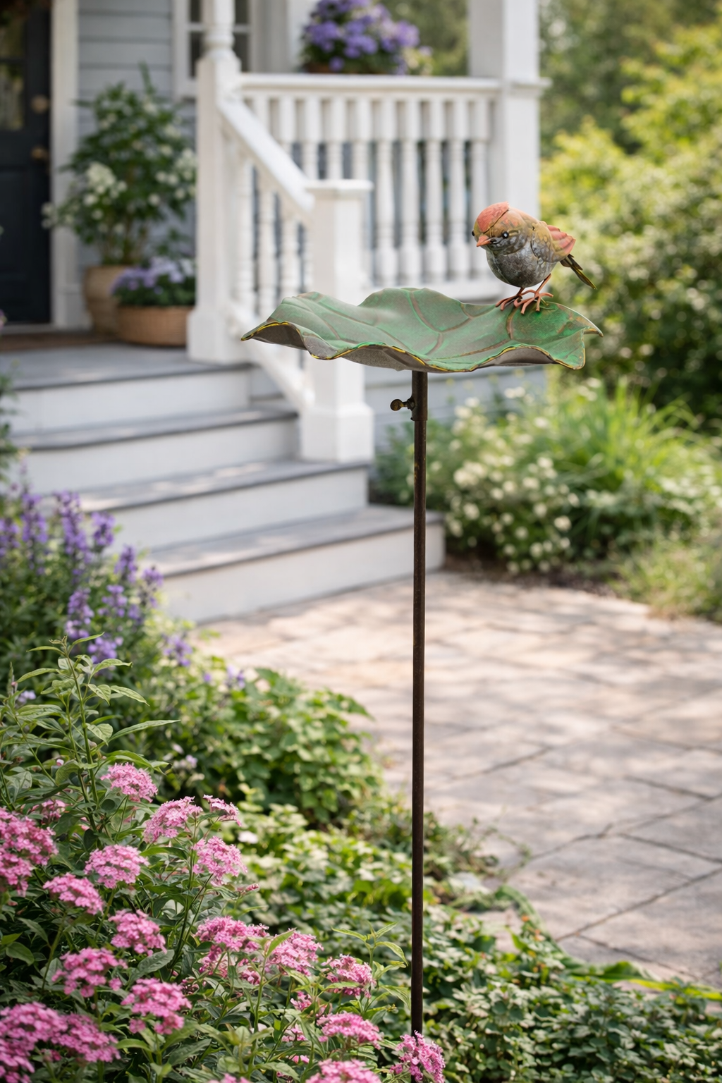 Vogeltränke Vogel auf Blatt Futterplatz Metall grün Ø42x30cm H123cm Futterstation Gartenstecker 2Farben wählbar