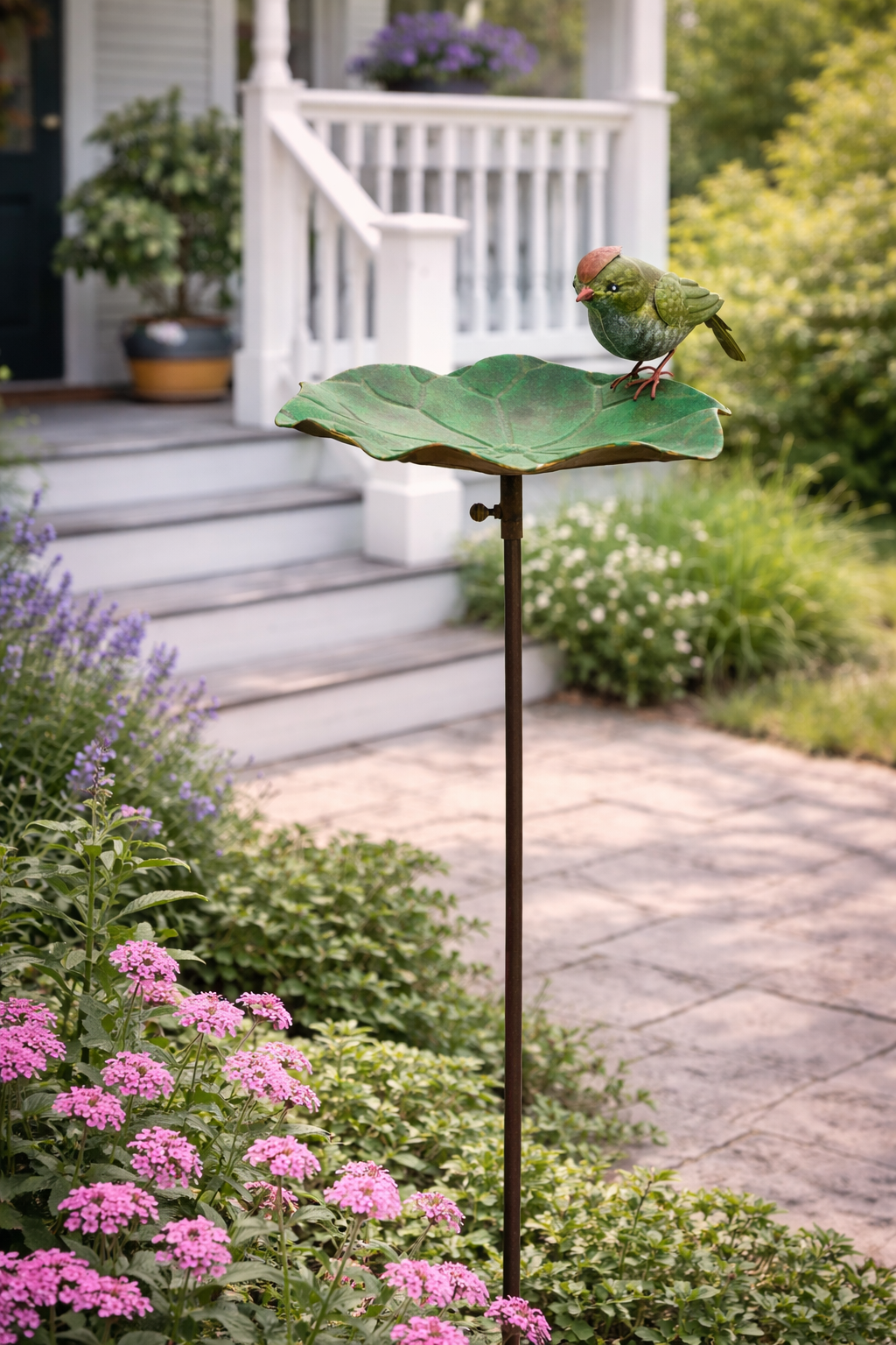 Vogeltränke Vogel auf Blatt Futterplatz Metall grün Ø42x30cm H123cm Futterstation Gartenstecker 2Farben wählbar
