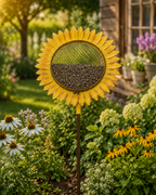 Futterstelle Sonnenblume Ø 33 cm – Vogel-Futterstelle aus Metall mit Stab 150 cm, gelb/braun, dekorative Vogelfutterstation für Garten & Terrasse