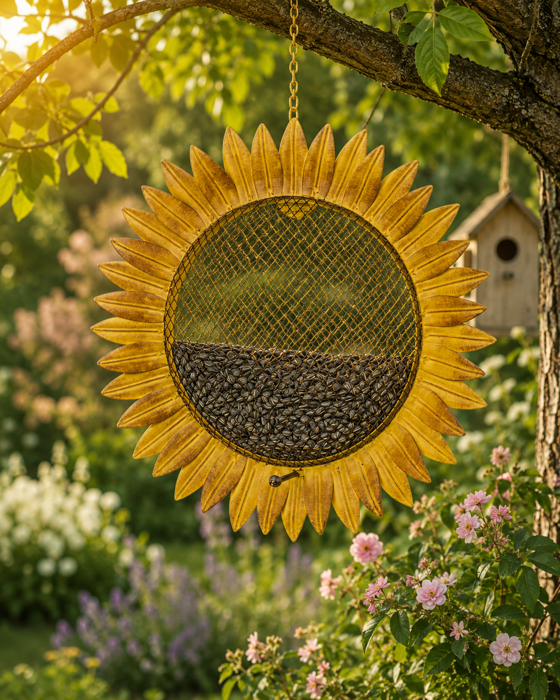 Futterstelle Sonnenblume zum Aufhängen – Ø 28 cm, gelb/braun, dekorative Vogelfutterstelle für Garten, Balkon und Terrasse, mit Kette ca. L61 cm