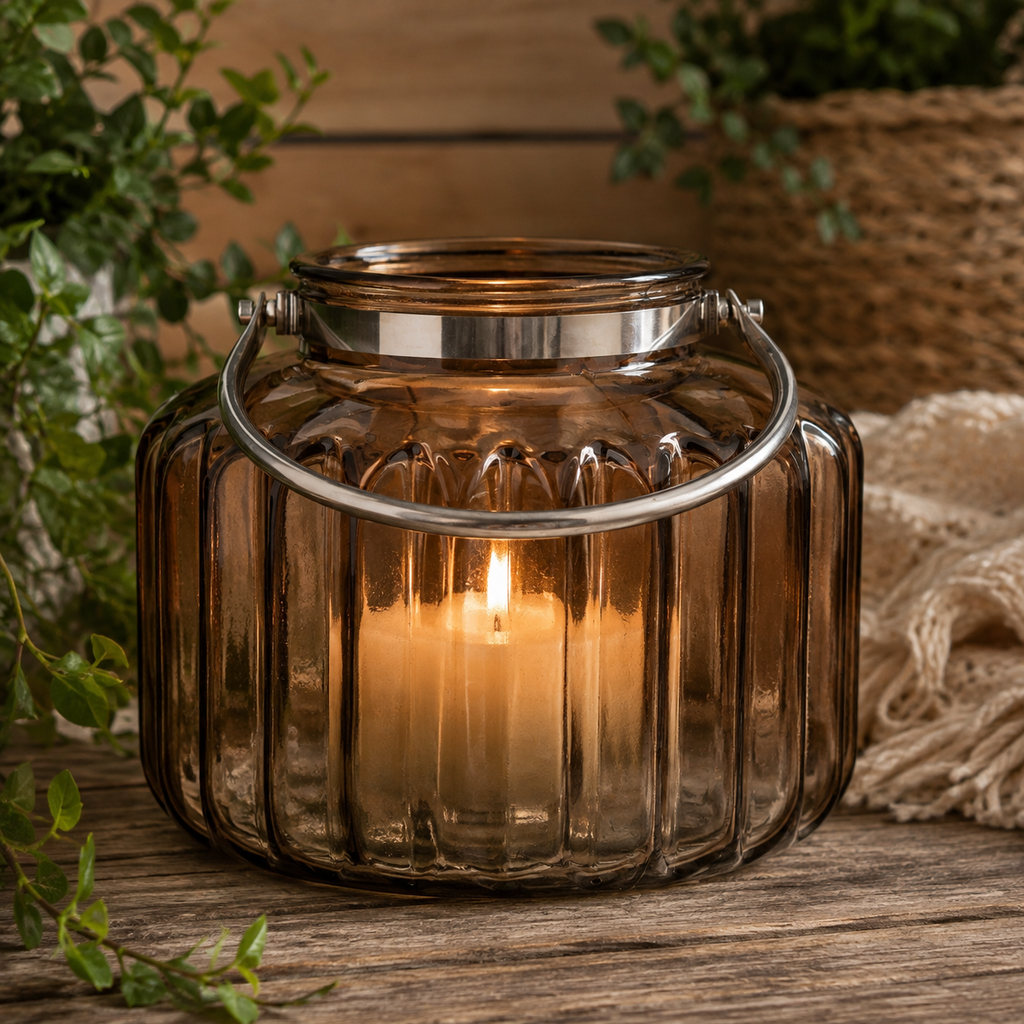 Glas-Windlicht mit Henkel, Braun, Ø 27 cm x H 22 cm Dekorative Laterne für Garten, Terrasse, Balkon und Wohnbereich