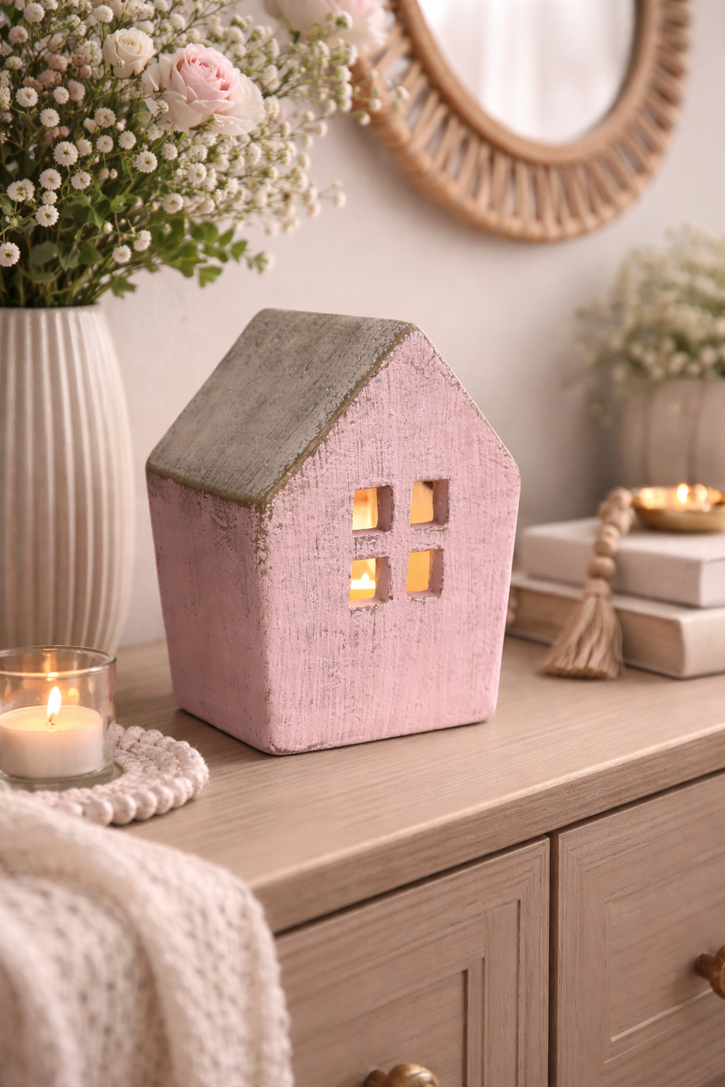 Lichterhaus Zement Rosa Höhe 19,5cm + 22,5 cm Deko Haus für Licht Teelichthaus für Wohnbereich 2Größen wählbar