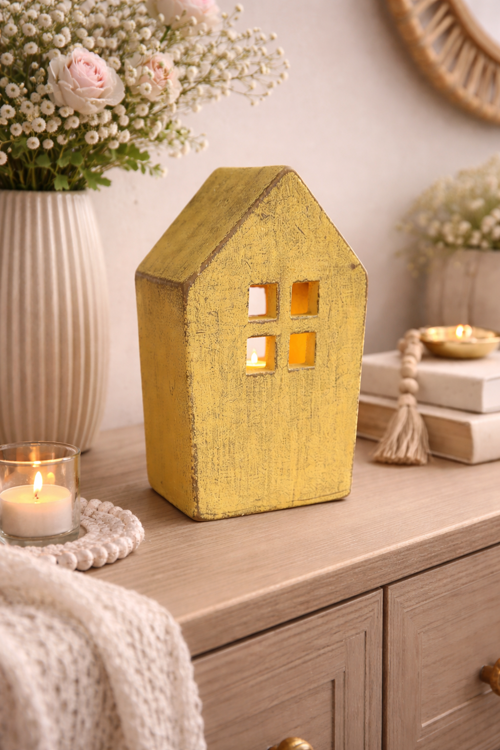 Lichterhaus Zement gelb Höhe 19,5cm + 22,5 cm Deko Haus für Licht  Teelichthaus für Wohnbereich 2Größen wählbar
