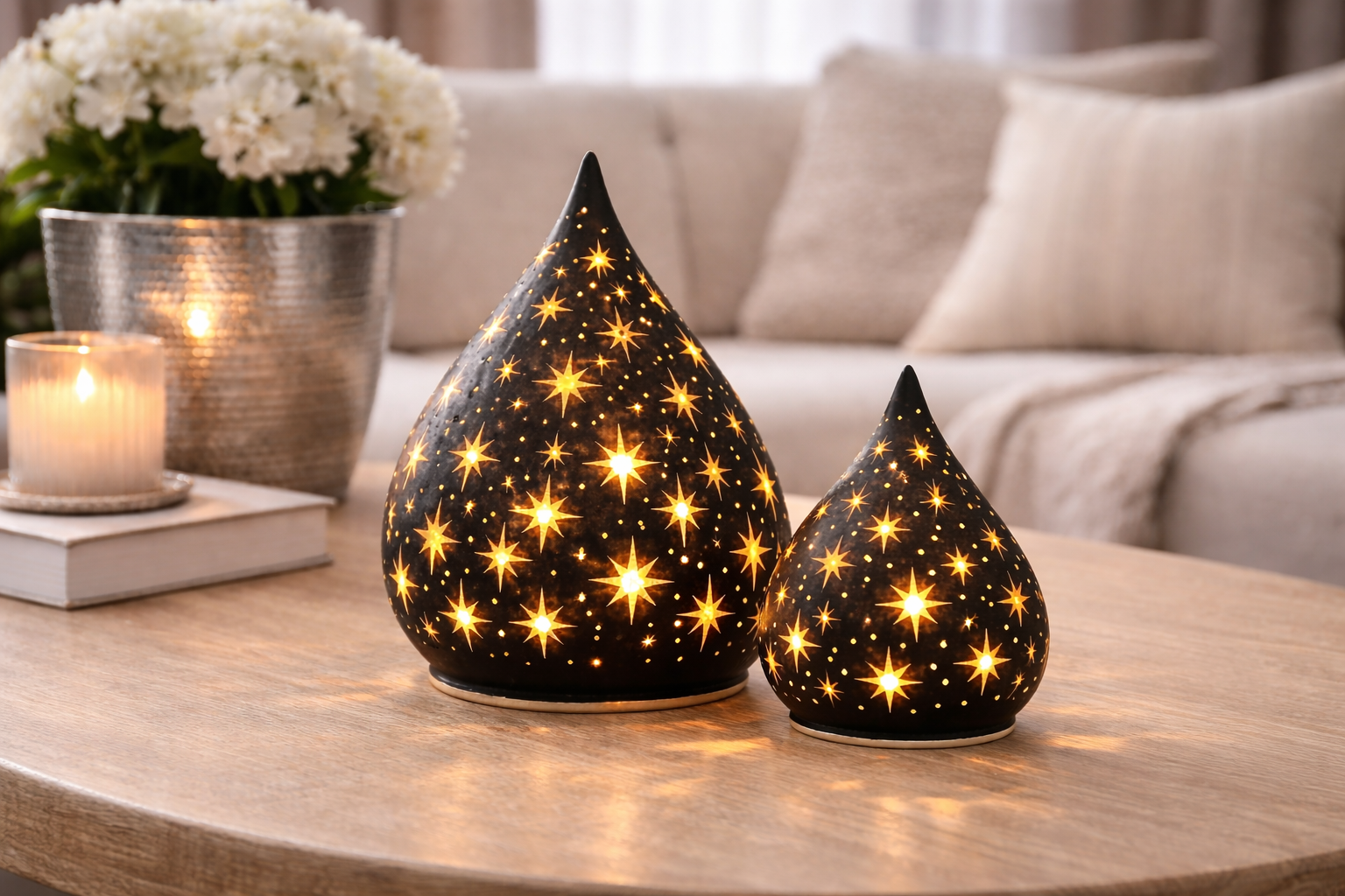 LED Glastropfen Licht Lumière Leuchte Glas schwarz/gold Sterne mit Timer H12cm+15cm Weihnachten Tischdeko 2Größen wählbar