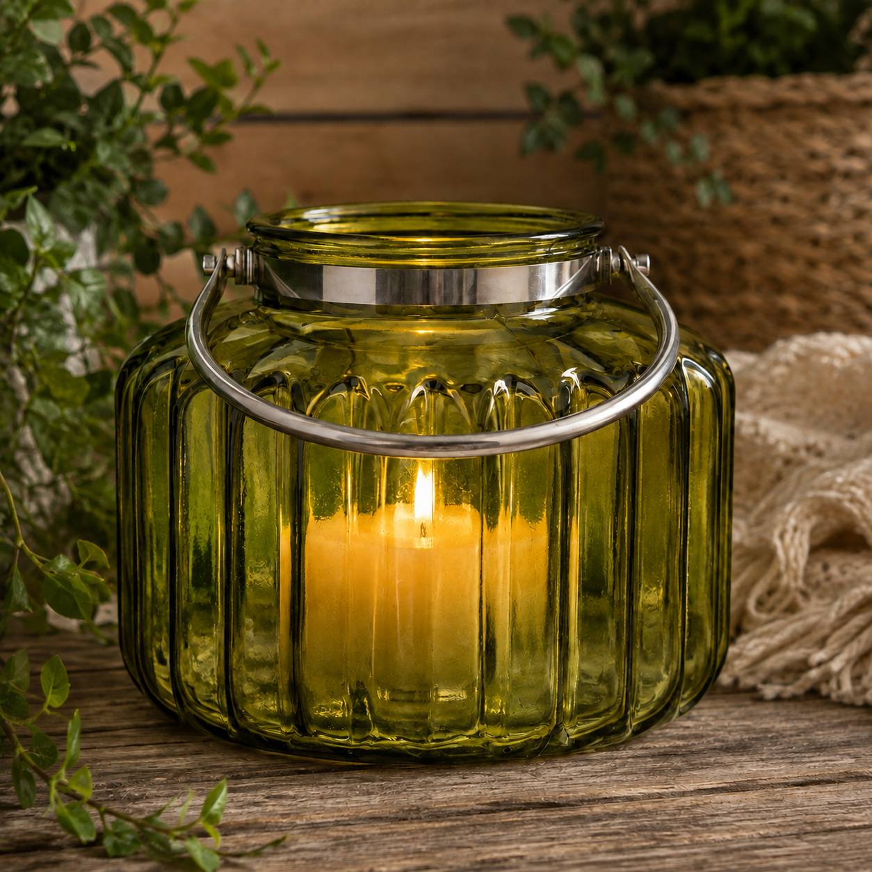 Glas-Windlicht mit Henkel, Grün, Ø 27 cm x H 22 cm Dekorative Laterne für Garten, Terrasse, Balkon und Wohnbereich
