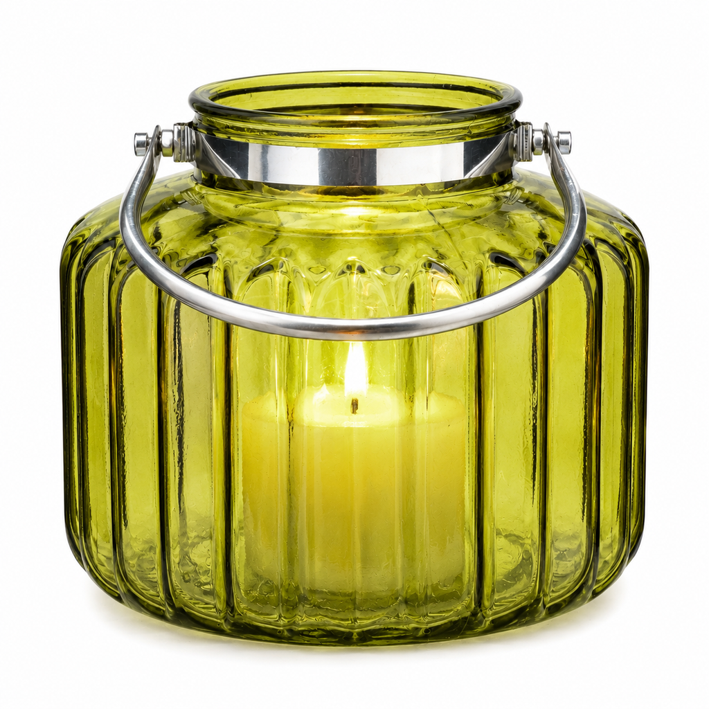 Glas-Windlicht mit Henkel, Grün, Ø 27 cm x H 22 cm Dekorative Laterne für Garten, Terrasse, Balkon und Wohnbereich