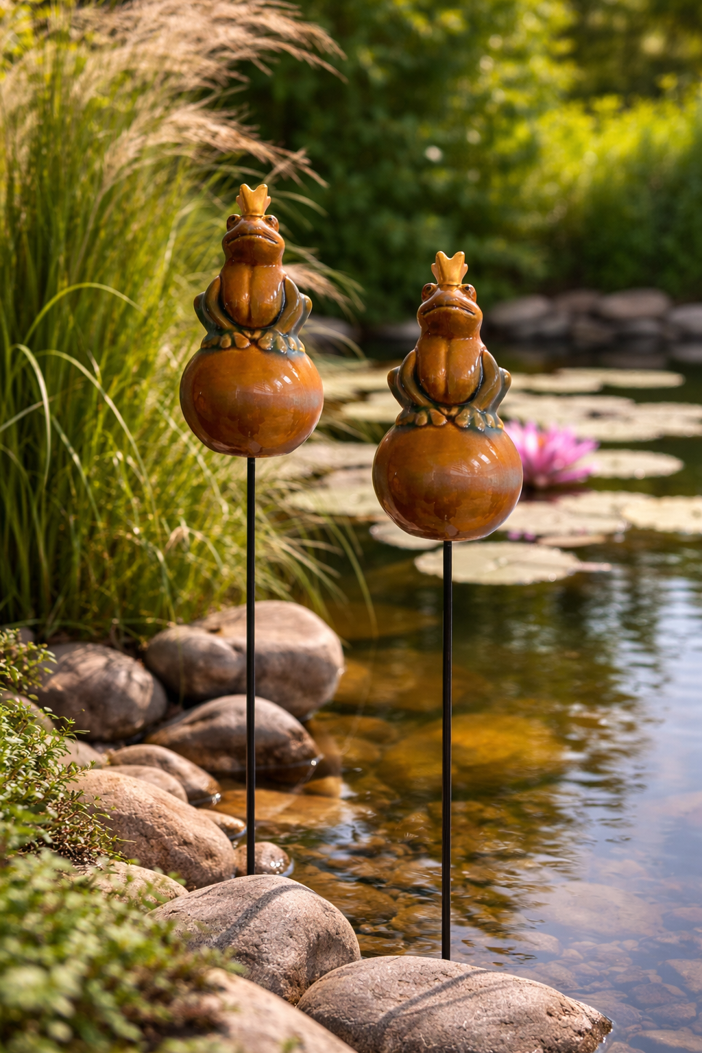 Frosch Keramik auf Kugel Braun-Grün 2erSet Gartenstecker mit Stab ca.60 cm Wetterfest Dekoration für Garten & Blumentopf Stecker
