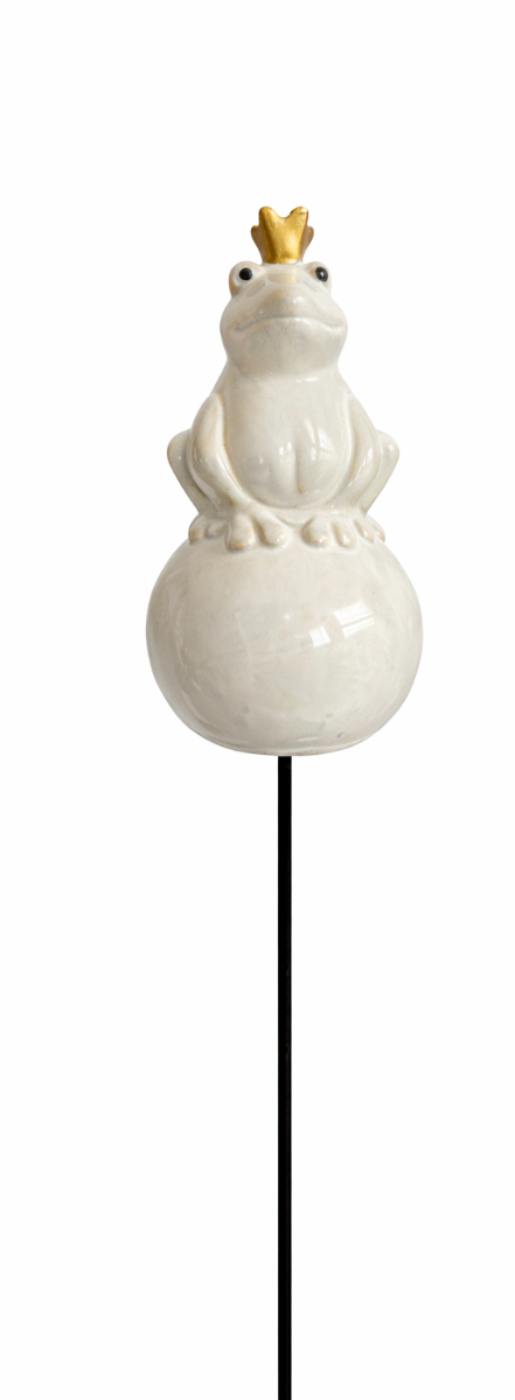 Frosch Keramik auf Kugel creme 2erSet Gartenstecker mit Stab ca.60 cm Wetterfest Dekoration für Garten & Blumentopf Stecker