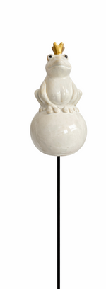 Lade das Bild in den Galerie-Viewer, Frosch Keramik auf Kugel creme 2erSet Gartenstecker mit Stab ca.60 cm Wetterfest Dekoration für Garten &amp; Blumentopf Stecker
