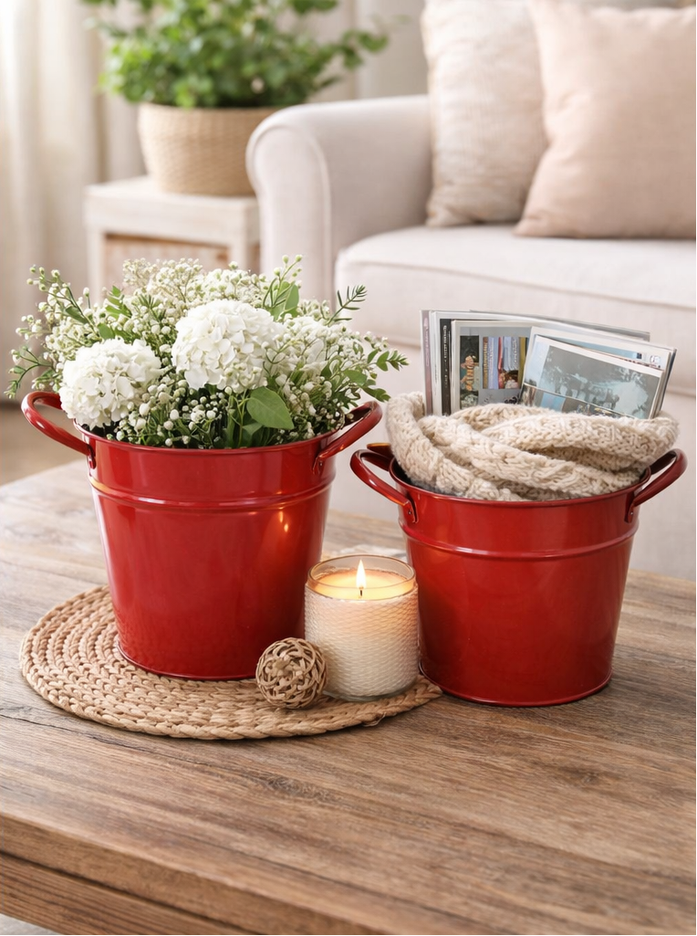 Metall Topf Übertopf Blumentopf Eimer mit Griff rot Ø13+19cm H12+18cm Pflanzgefäß 2Größen wählbar