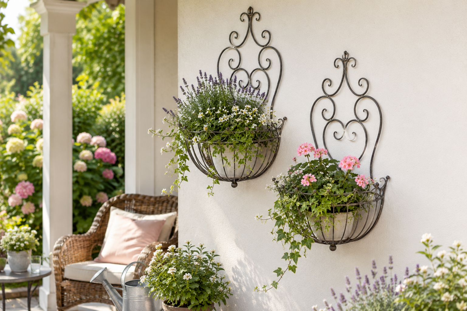 Wandkorb Metall Vintage grün/braun 2er Set Dekorativer Pflanzkorb für die Wand für Garten, Terrasse & Veranda 39x19cm H64cm / 34x18cm H55cm
