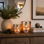 Glas Windlicht Hirsch Braun – 2er Set, dekorative Teelichthalter aus Glas, 7,5 × H 8 cm & 9 × H 10 cm, Weihnachts- & Winterdekoration