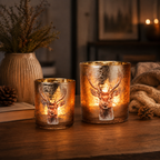Glas Windlicht Hirsch Braun – 2er Set, dekorative Teelichthalter aus Glas, 7,5 × H 8 cm & 9 × H 10 cm, Weihnachts- & Winterdekoration
