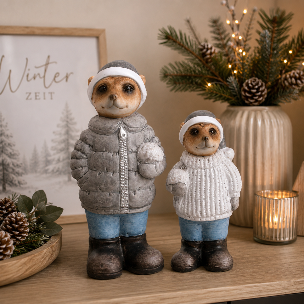 Erdmännchen Winter 2er-Set Figur Skulptur – Graue & Blaue Keramikfiguren, Winterdekoration, 7 × 16 cm & 9 × 20 cm