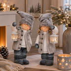 Winterkinder mit Laterne – dekorative Skulptur, 2-fach sortiert, Höhe 52 cm, grau/creme/blau, winterliche Weihnachtsfigur