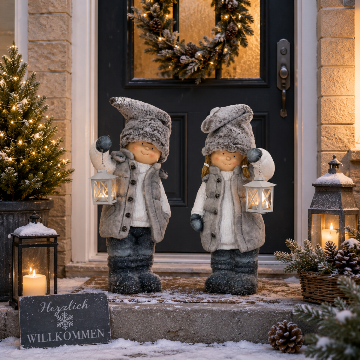 Winterkinder mit Laterne – dekorative Skulptur, 2-fach sortiert, Höhe 52 cm, grau/creme/blau, winterliche Weihnachtsfigur