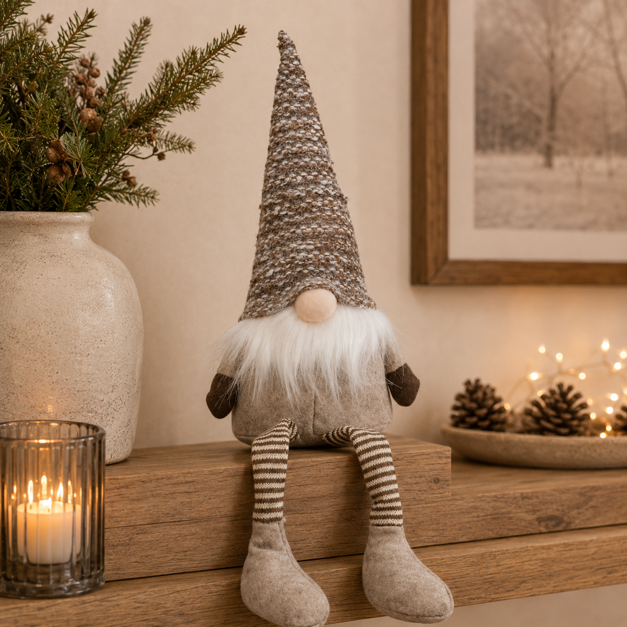 Wichtel Weihnachtswichtel Kantenhocker Stoff Ø12x10cm H51cm braun/grau Weihnachtsdeko Herbst Weihnachten