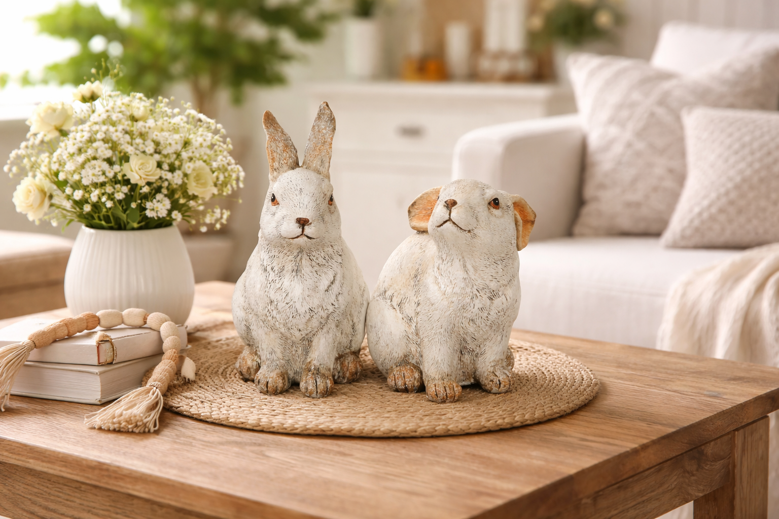 Hase Ostern Figur weiss Polyresin 2erSet 11x7cm H13cm Skulptur Landhaus