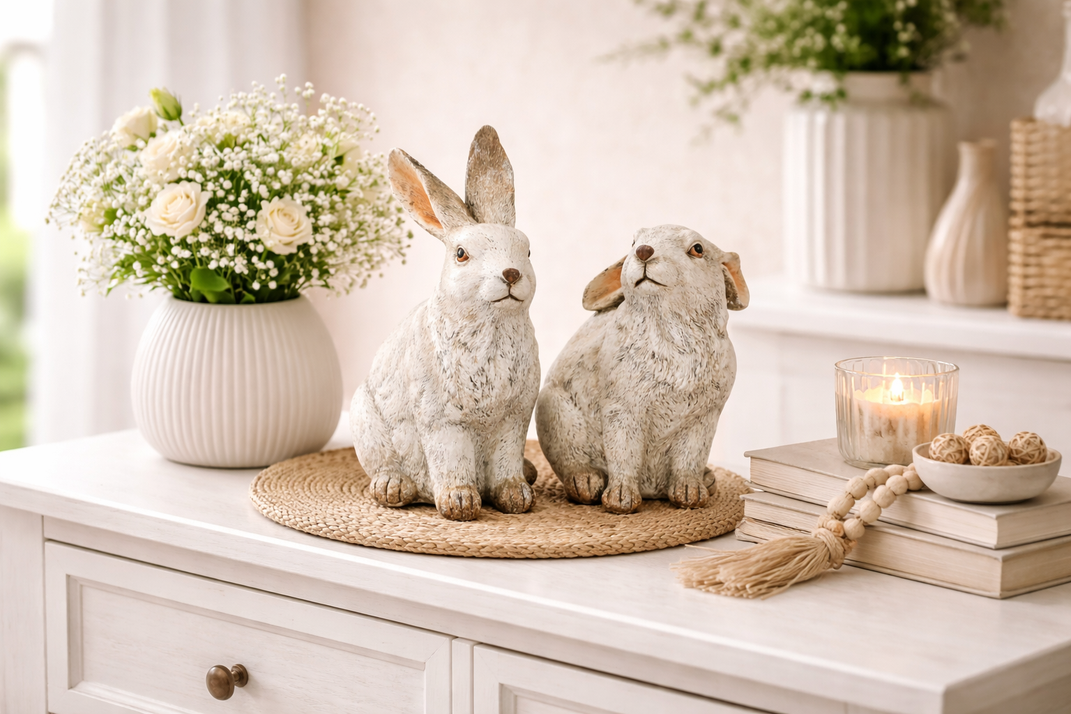 Hase Ostern Figur weiss Polyresin 2erSet 13x11cm H21cm Skulptur Landhaus