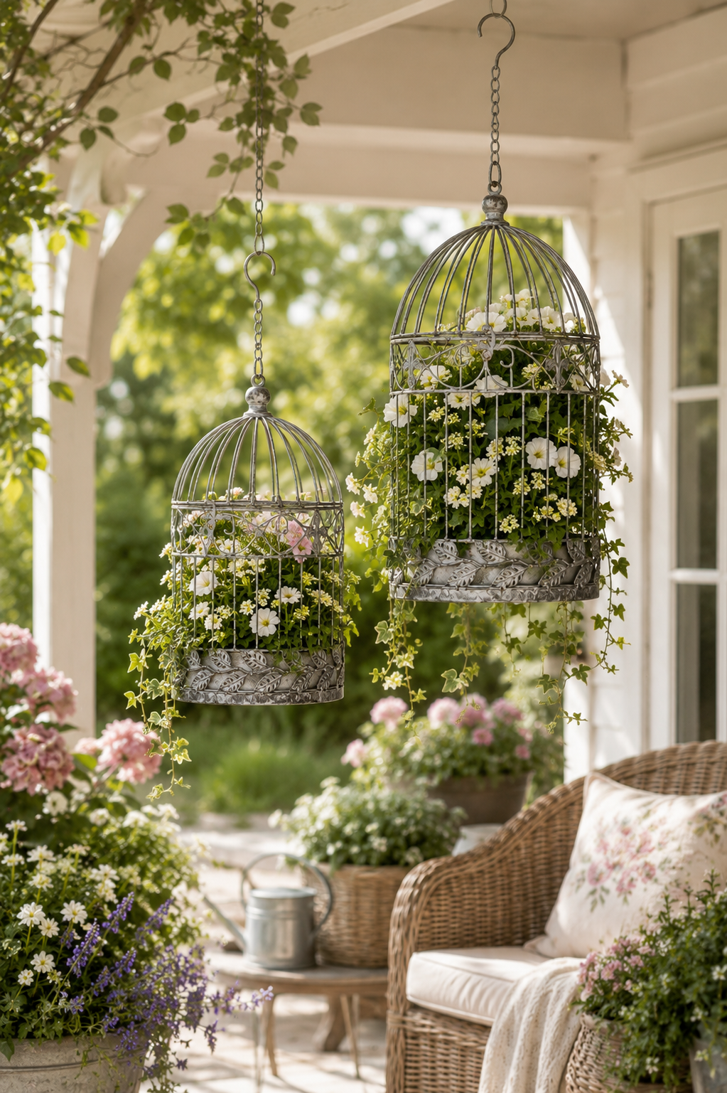 Vogelkäfig Pflanz Korb Hänge Blumenkäfig Metall grau 2erSet H39+53cm
